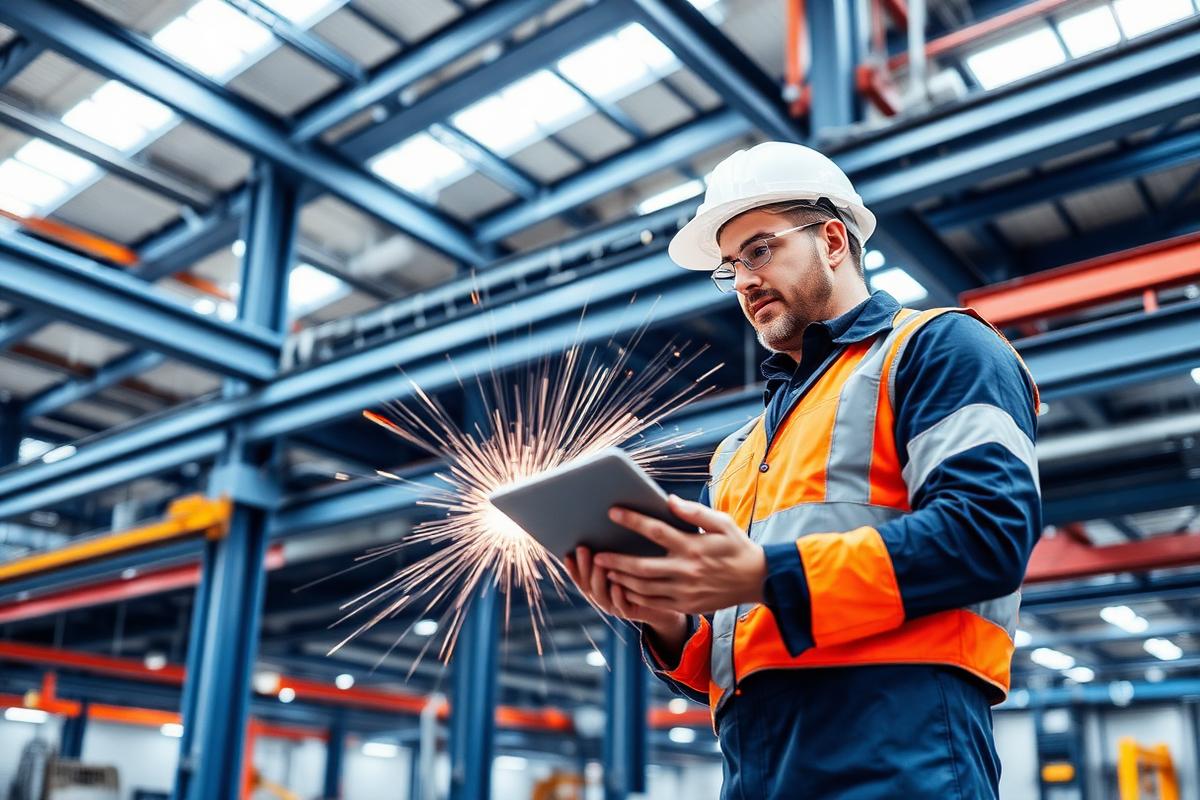 Ingeniero de calidad inspeccionando estructura soldada en planta industrial